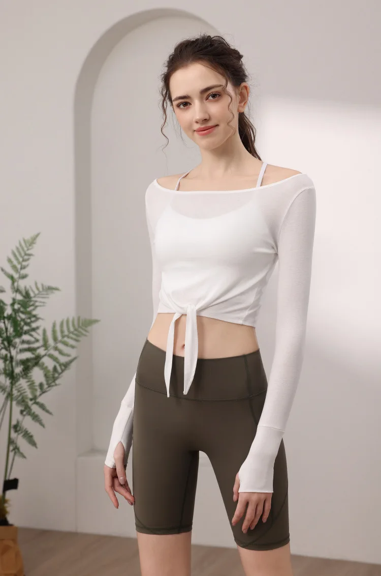 

Женские модальные топы для йоги с длинным рукавом, однотонные, на шнуровке, укороченные, для фитнеса и пилатеса, приятные к телу, дышащие, для тренировок