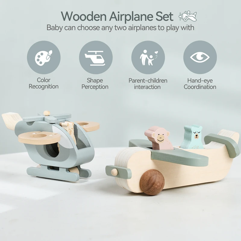 Wooden Aircraft Toys Baby Montessori Plane Blocks Model Toy Set Newborn Early Educational Adornment Toys Baby Sensory Toy Gift