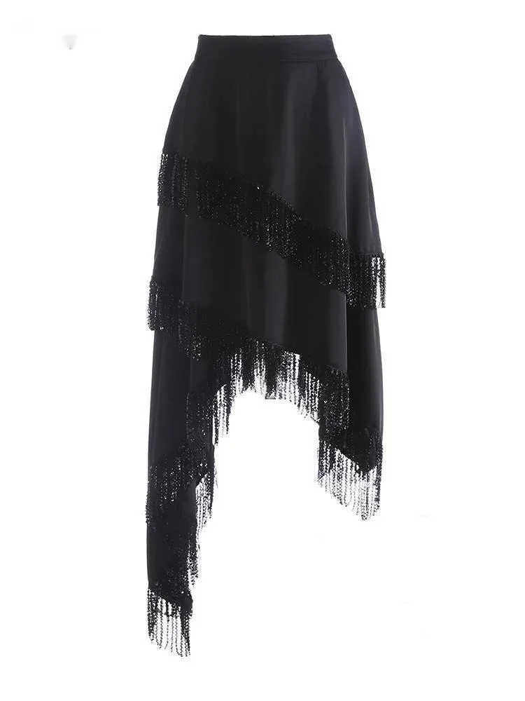 

High Elastic Waist Black Sequins Tassels Irregular Half-body Skirt Women Fashion Tide New Spring Autumn