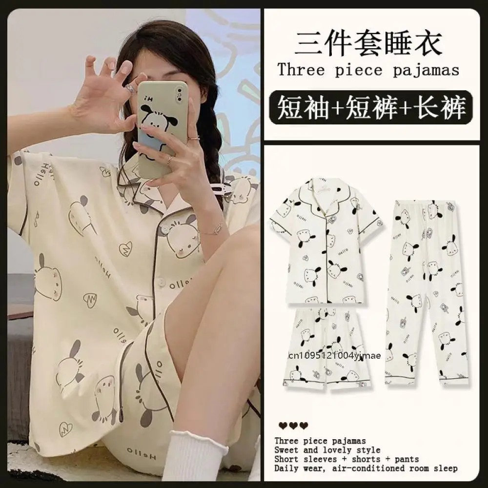 

3Pcs Pochacco Women's Pajamas Sanrio Anime Hello Kitty Cute Student Cartoon Fashion Casual Lapel Pajama Girls Loose Homewear Set