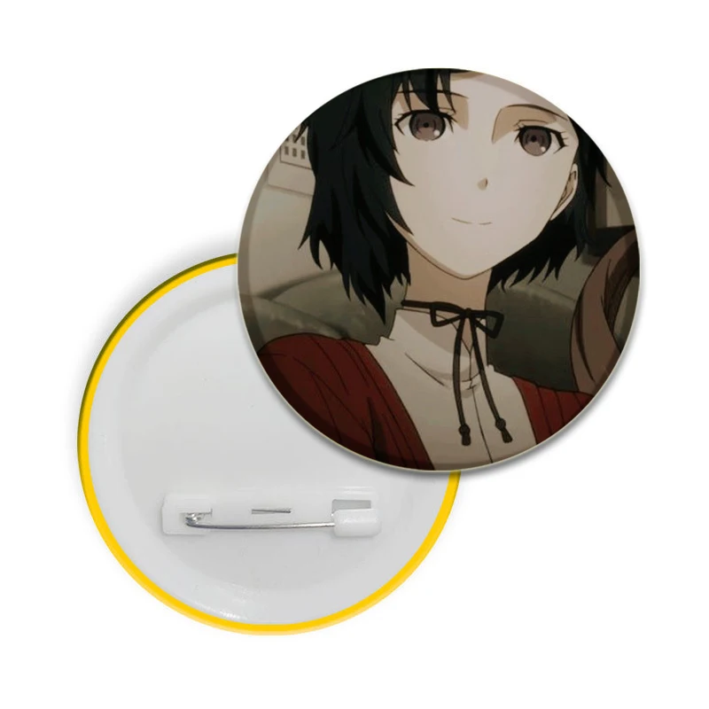 Broches de figuras de Anime Steins Gate de 32/44/58mm, alfileres esmaltados hechos a mano, insignia de Cosplay para Collar, mochila, sombrero, regalos de decoración