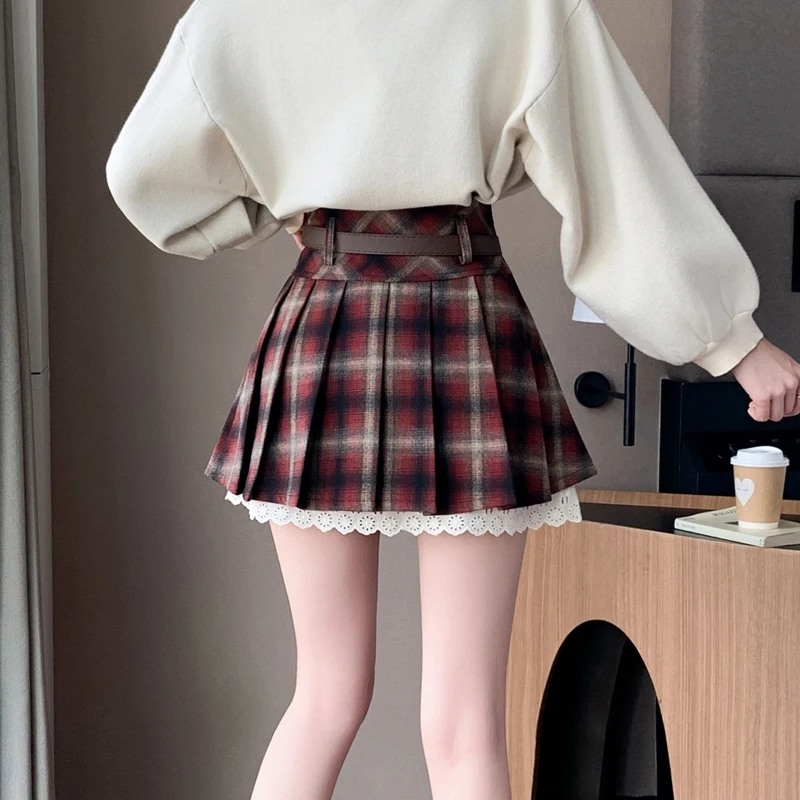 Vintage Preppy Style Checked Woolen Pleated Short Skirts Lace Patchwork Plaid Mini Skirt Autumn Winter A-line Split Belted Skirt