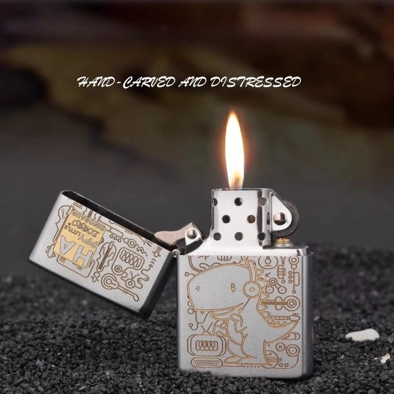 Zorro 902 New Brass Kerosiene Lighter, Double-sided Exquisitely Engraved Dinosaur Pattern, High-end Gift for Men Lighter
