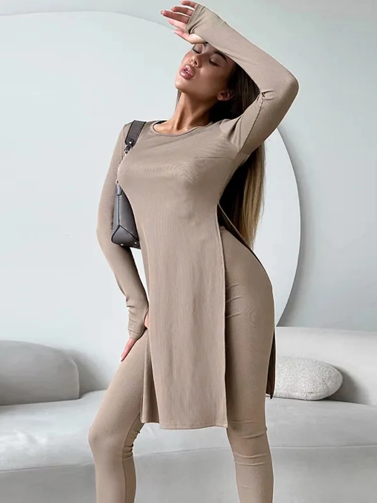 Nibber Casual Set da 2 pezzi Donna Spacco laterale o-Collo T-shirt a maniche lunghe + Pantaloni skinny Elasticità solida Abiti classici semplici quotidiani