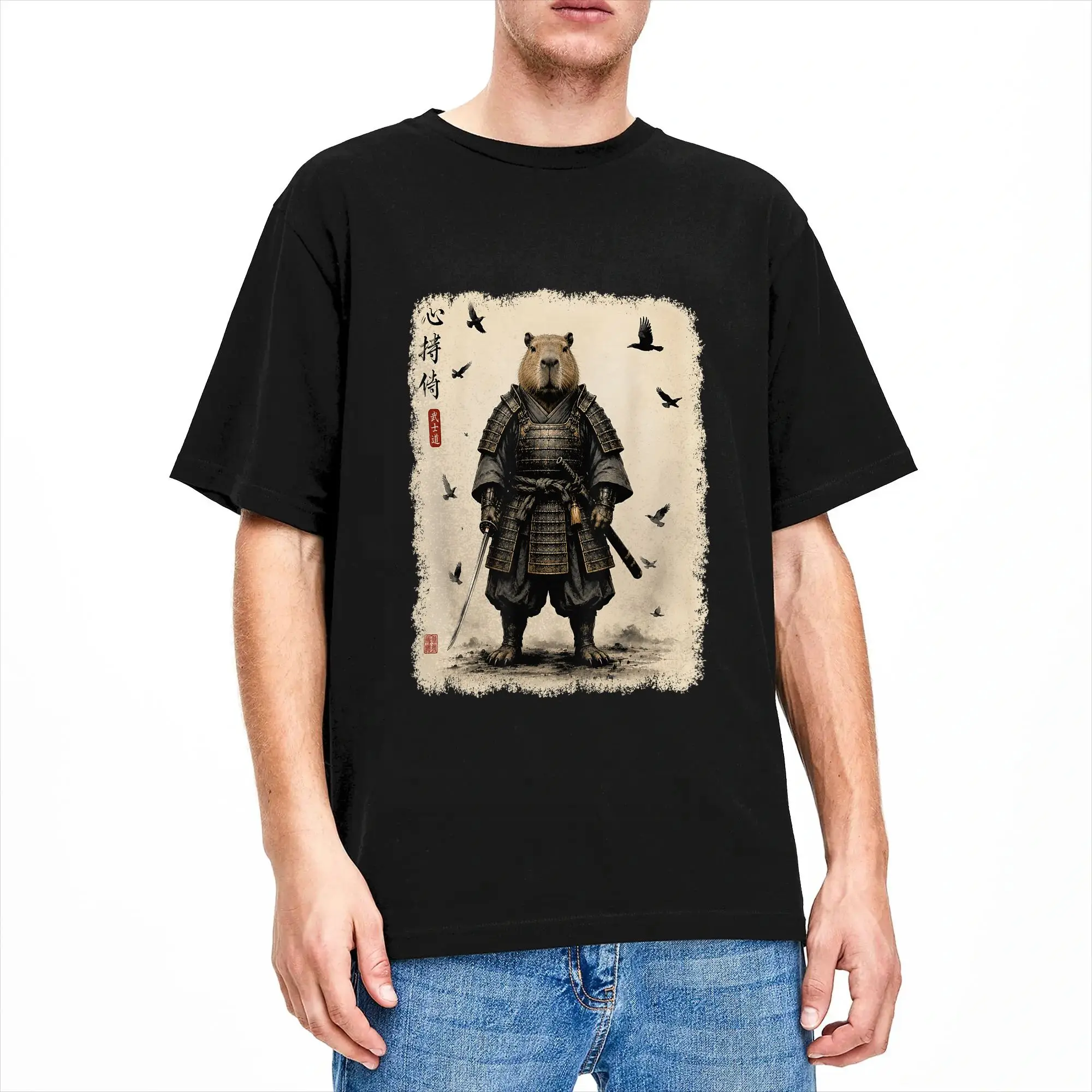 Samurai Capybara Japanese Anime T-Shirt Man  Y2K Casual T Shirts Beach Crewneck Harajuku Tee Shirt Wholesale Oversized Tops