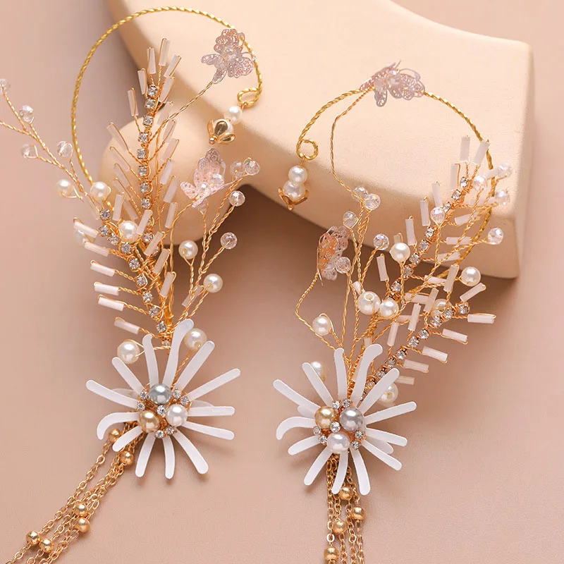 

White Flower Decorative Hairband Rhinestone Pearl Bridal Hair Accessories Fashion Earrings Drooping Tassel Headband Set LL@17