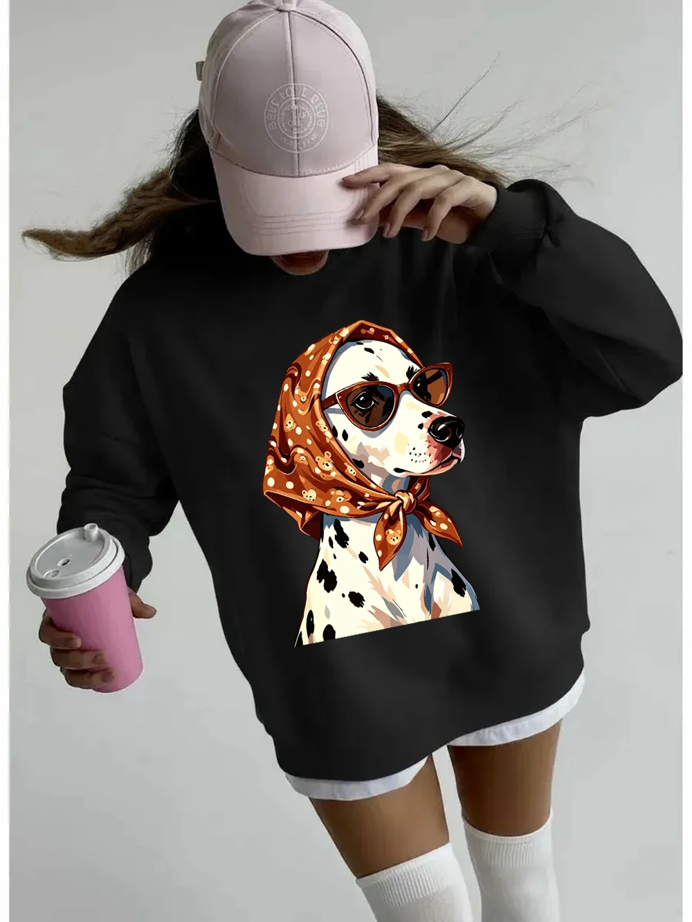 Braunes Kopftuch, Sonnenbrille, Hundemotive, Sweatshirt, Damen-Sweatshirt mit Rundhalsausschnitt, Basics-Hoodies, lockerer, warmer Fleece-Pullover, Herbstkleidung für Damen – Detail 21