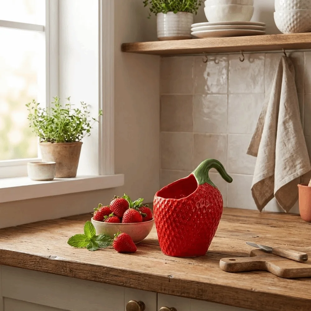Ceramic Butter Freshness Jar Strawberry Shape Exquisite Cheese Box Decorative Dustproof Airtight Container Kitchen Storage