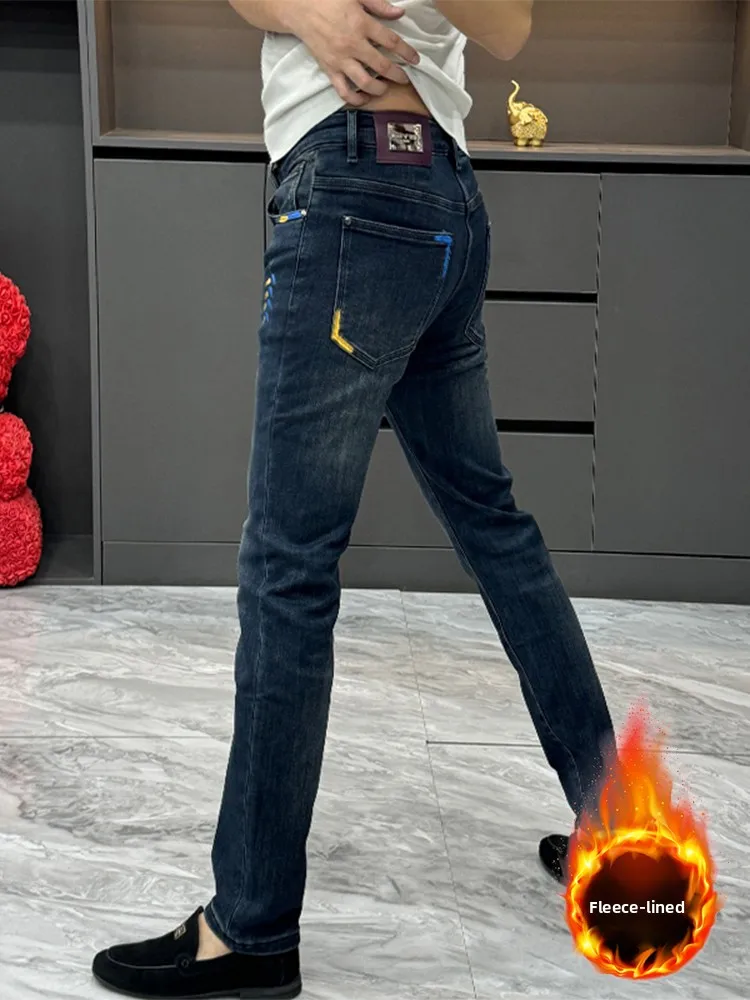 

Trendy Hand-Painted Print Men's Jeans Autumn Winter Lightweight Elastic Fce-Lined Straight Leg Pants Sli All-Match Sli...