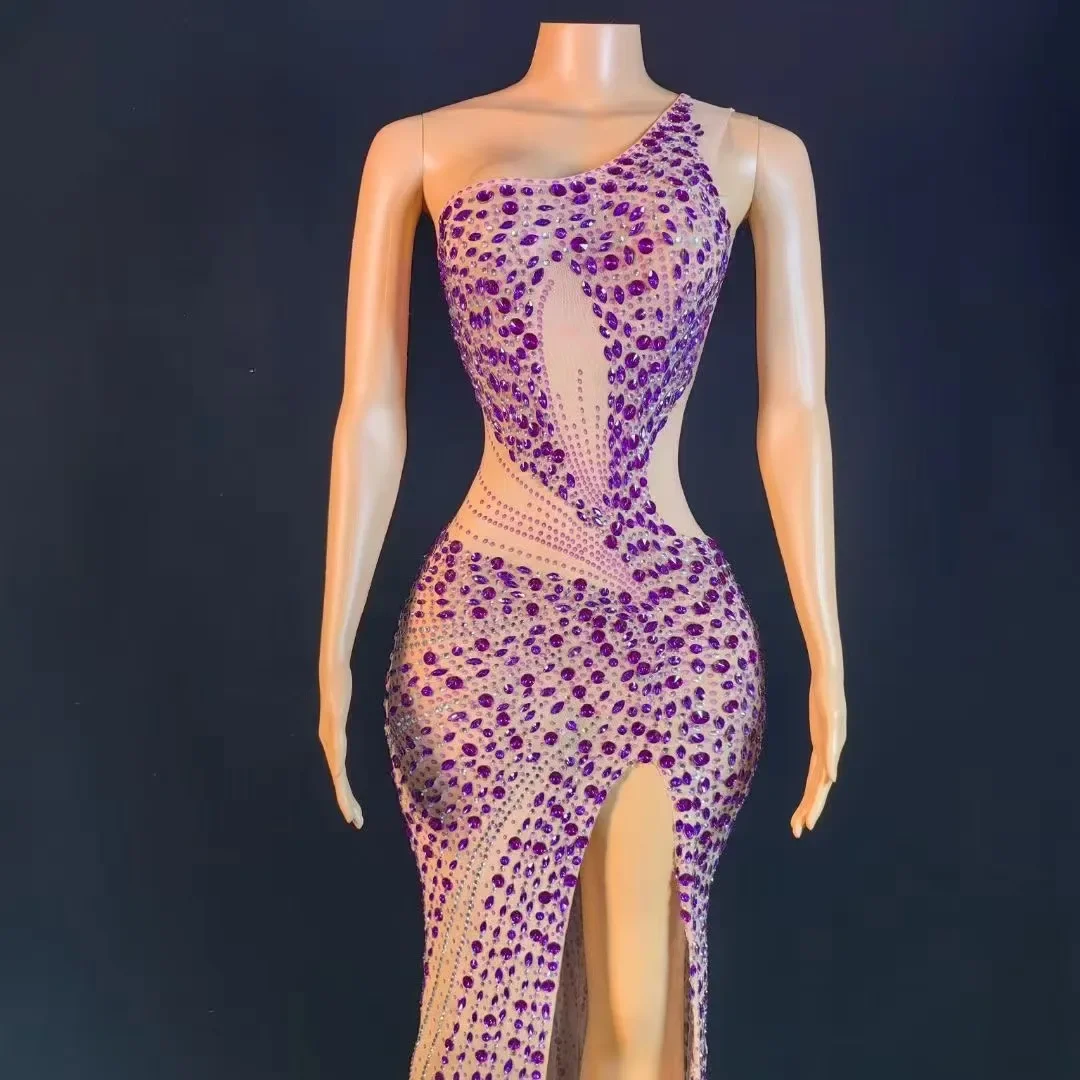 Purple Rhinestones Transparent Long Dress Evening Birthday Celebrate Single Shoulder Costume Women Dance Sexy Photography Dress