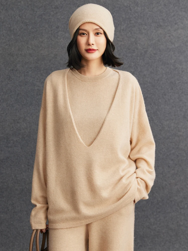 

TLOML Women100% Cashmere Set V-neck Loose Pullover Sleeveless Vest Cashmere Knitwear Autumn Winter Luxury Casual Two-Pieces Suit