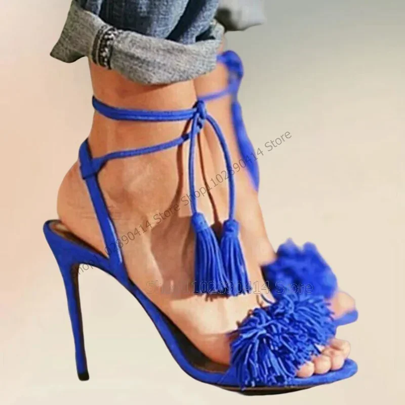 

Blue Tassels Hollow Cut Heel Open Toe Twine Sandals Lace Up Women Shoes Thin High Heels Novel Fashion 2023 Zapatos Para Mujere