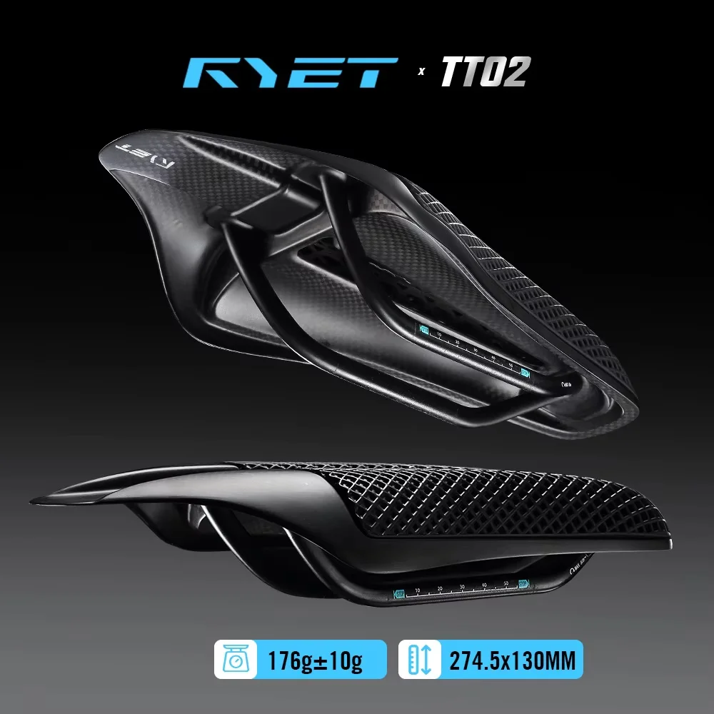 2026 RYET 3D-gedruckter Vollcarbon-Triathlon-Sattel 176g Kurznasen-Design mit breiter Aero-Form Fahrradsitz Carbon-Schale 7x9mm Schienen TT02