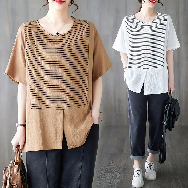 Simplicity Round Neck T-Shirts Straight Loose Pullovers Short Sleeve Striped Office Lady Fashion Casual Women\'s Clothing 2023