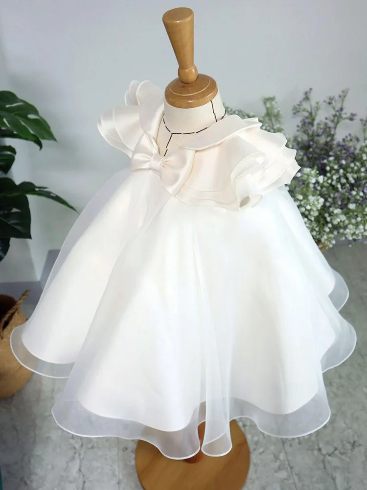 Baby Girls White Princess Ball Children Cute Bow Design Birthday Party Fluffy Gauze Dresses y1170