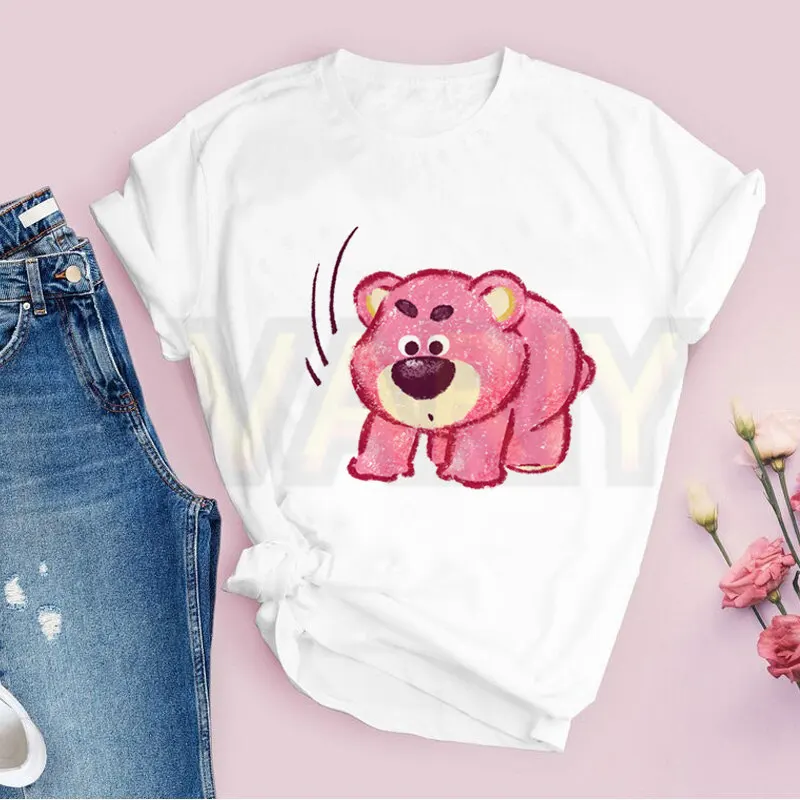 Toy Story Lotso Print Women T-shirt Cute Bear Strawberry Casual Fashion Short Sleeve T Shirt Female Streetwear Tshirt Y2k Tops