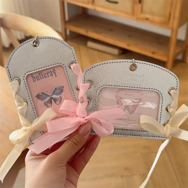 Ballet Ribbon Card Holder Silver Leather 3-Inch Photo Display for K-Pop ID Campus Meal Card