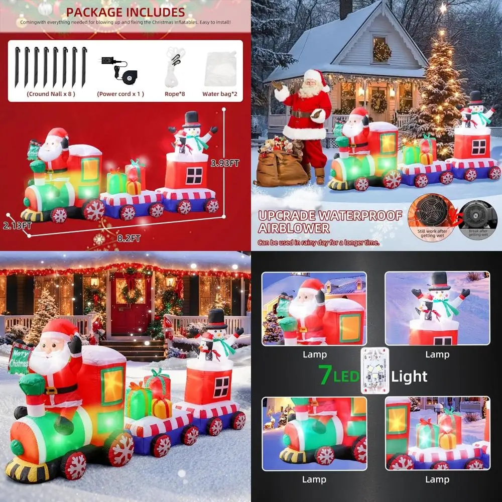 

8ft Christmas Santa Train Inflatable with Snowman, Penguin, Gift Boxes & LED Lights - Outdoor Holiday Lawn Decoration