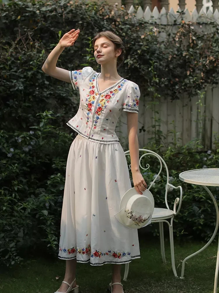 86-96cm Bust Spring Summer 2024 Women Elegant Loose Mori Kei Girl Floral Embroidered Cotton Linen Top and Skirt Sets