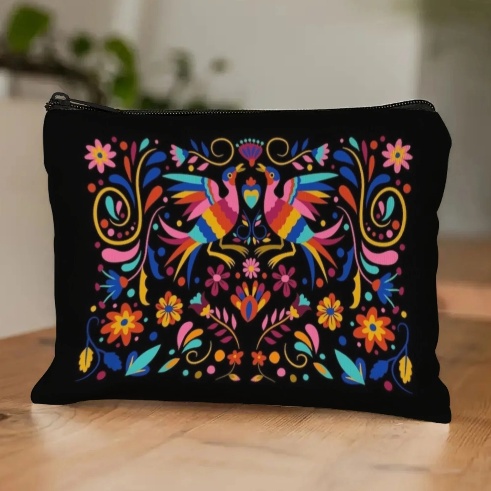 

Mexico-inspired Ornate Cosmetic Pouch Exquisite Bird & Flower Design Print Exotic Flavor for Gift Giving & Vintage Collectors
