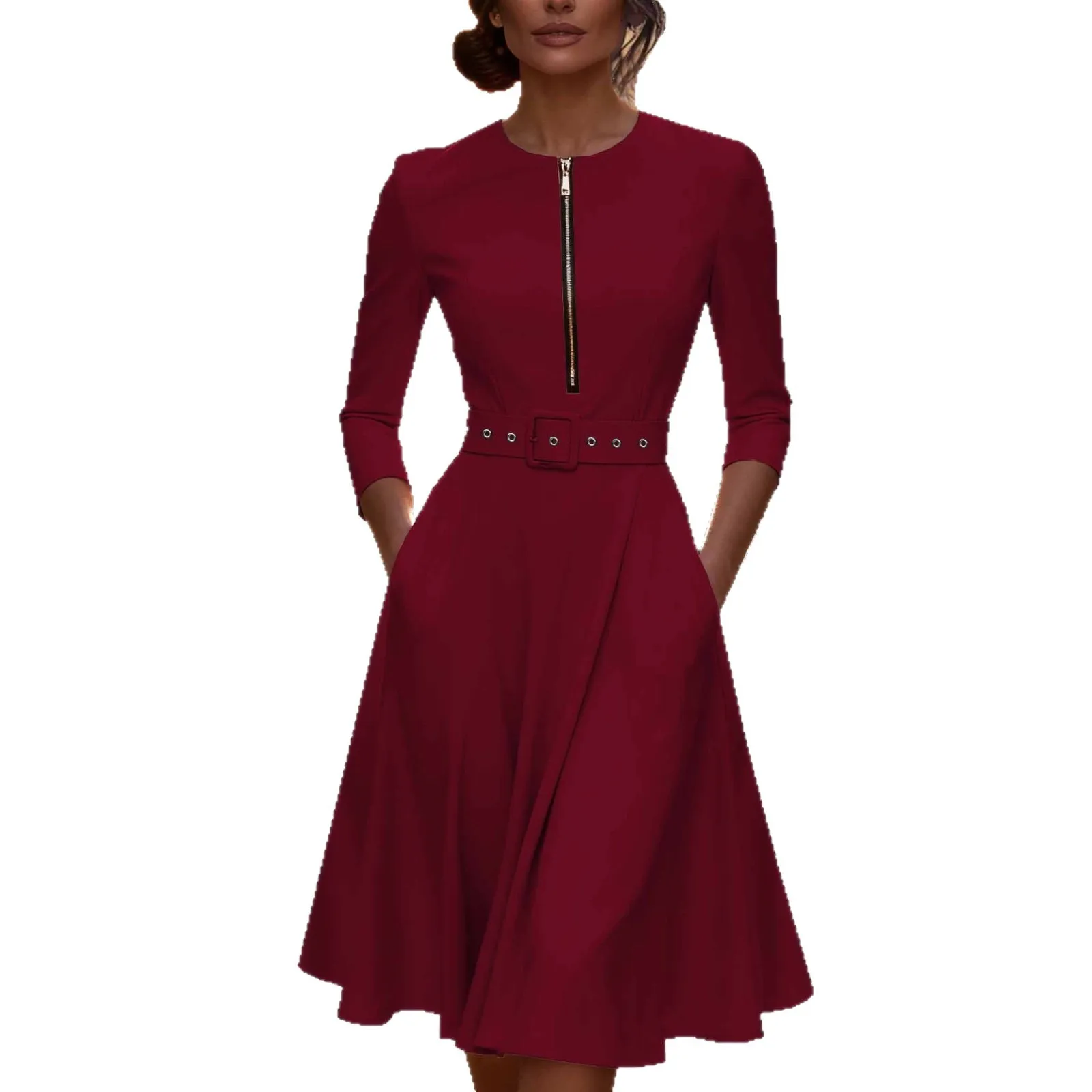2025 Spring and Autumn 7-quarter Sleeve Zipper Pocket Dress with Belt