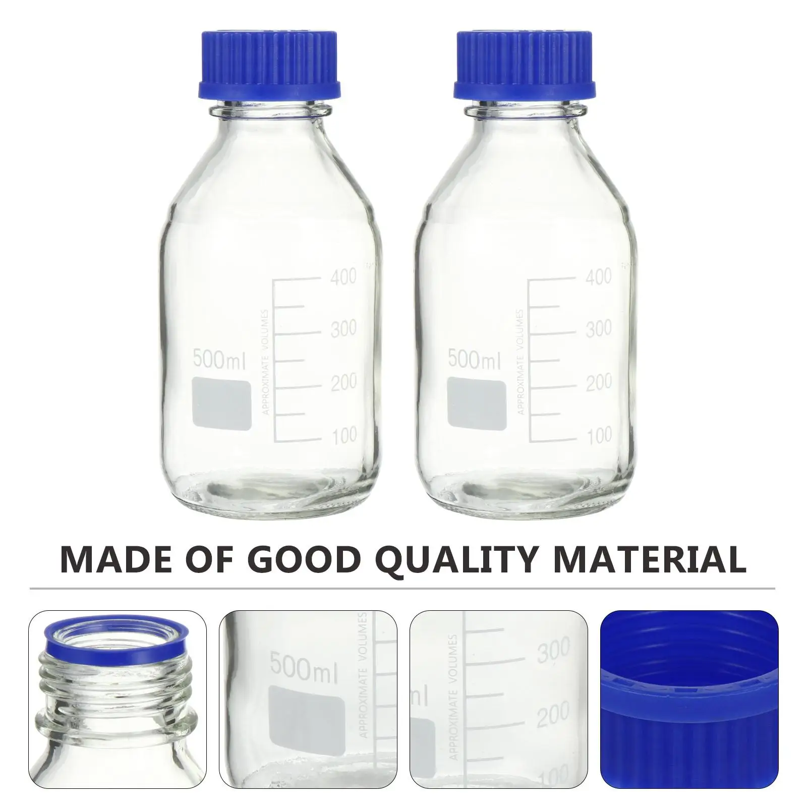 2 Pcs Graduated Reagent Bottle With Blue Cap For Chemical Glass Sample Storage Bottle Solid Base Transparent 500Ml Lab Bottle