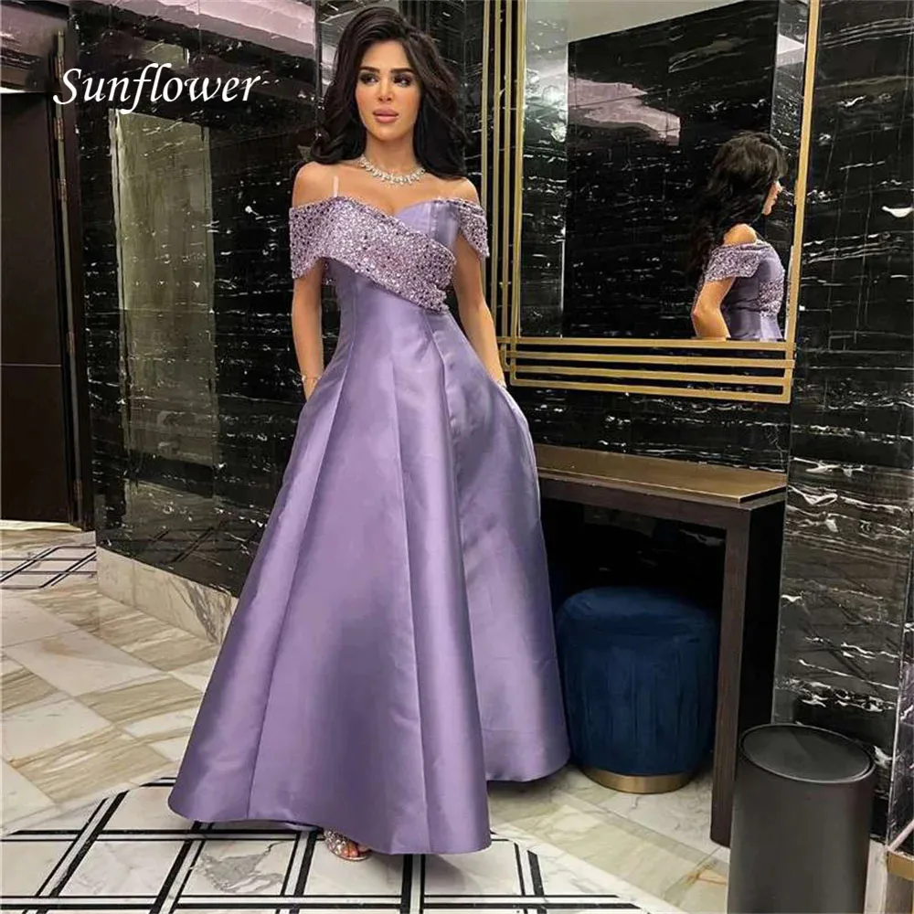 

Sunflower Prom Dresses 2024 A-Line Off The Shoulder Sequin Open Back Ankle-Length Elegant Simple Evening Gowns For Women فساتين