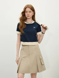 FSLE 2025 Spring New Women Preppy Knit T-Shirt Vintage Color Blocking Design Casual Short Sleeve Top Chill College Streetwear