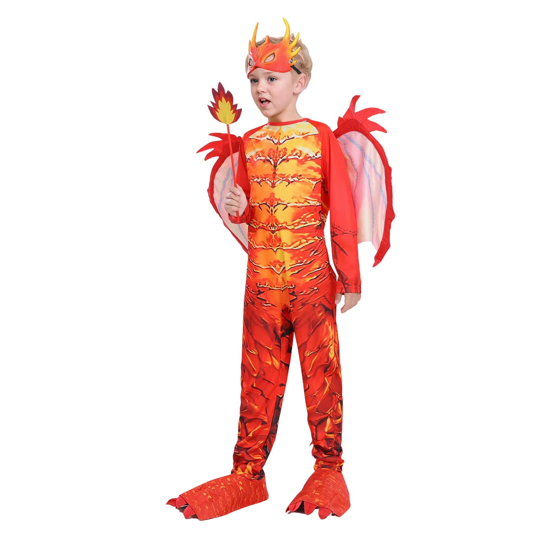 

Kids Dinosaur Costume Flame Dragon Knight Cosplay Outfit Halloween Party Performance Clothing New