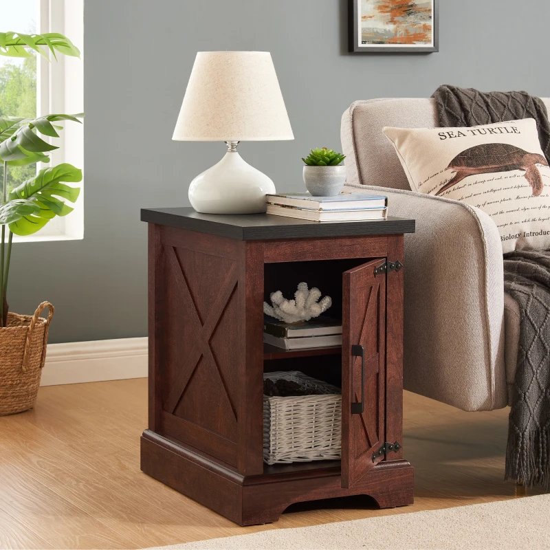 End Table Nightstand Rectangular Farmhouse End With Barn Door And Adjustable Storage Shelf Rustic Sofa Side Table For Living