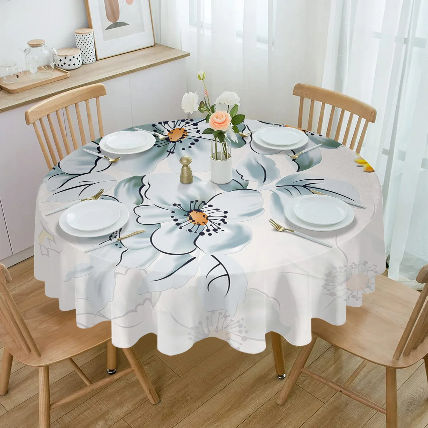 Flower Gradient Leaves Waterproof Tablecloth Tea Table Decoration Round Table Cover for Kitchen Wedding Party Home Dining Room