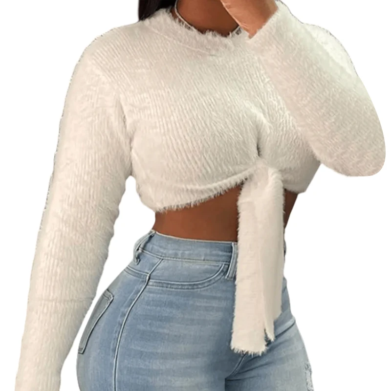 Women\'s Crop Top Sweater Fashion Female O-Neck Long Sleeve Pullover 2024 New Soft White Temperament Casual Knitted Sweater