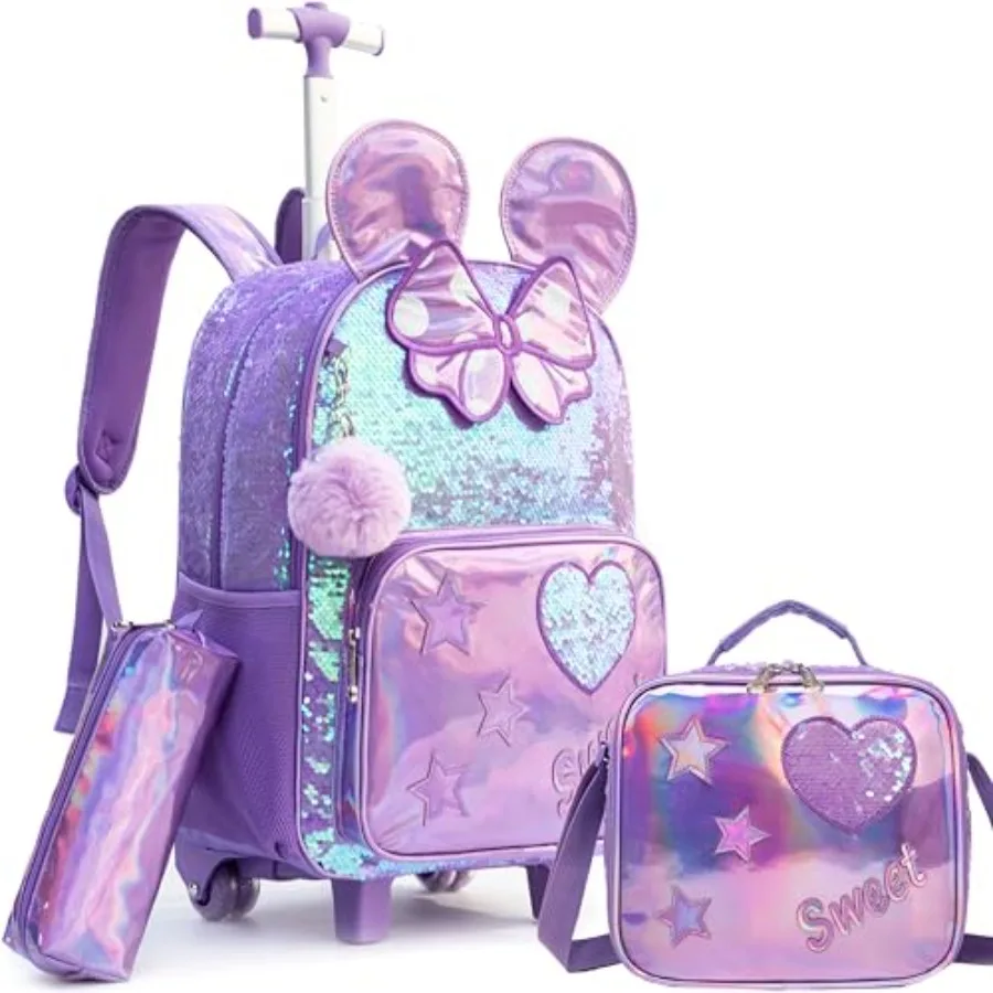 

Rolling Backpack for Girls Backpacks with Wheels for Elementary School Students 3 in 1 Travel Luggage Suitcase with Lunch Box P