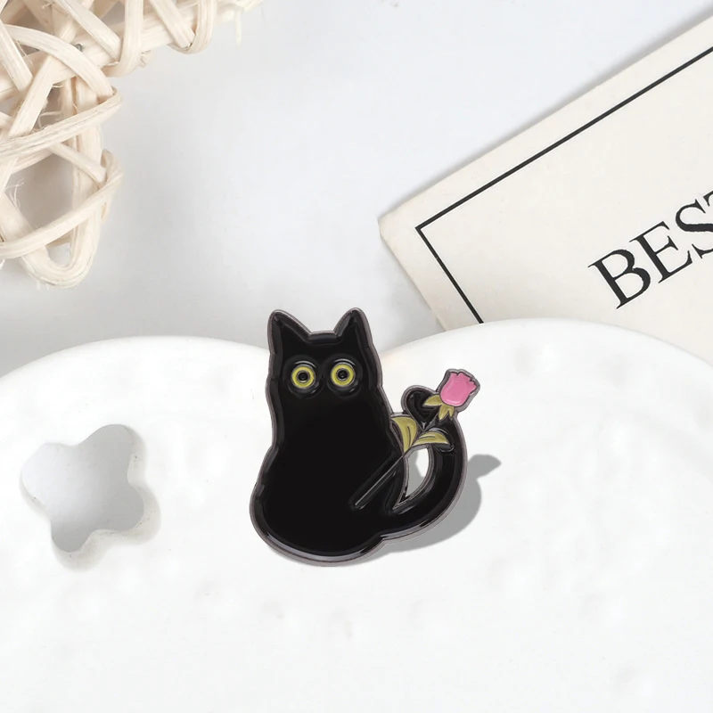 Rose Enamel Pins Custom Funny Cute Animal Brooches Lapel Badges Cartoon Punk Jewelry Gift for Friends Black Cat With