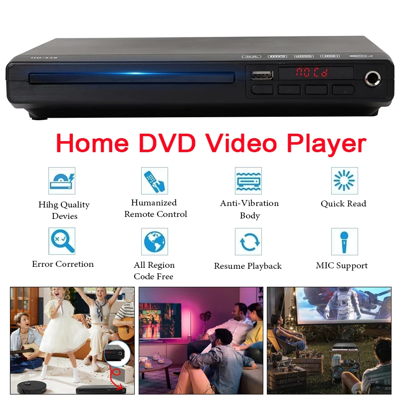 

1080P Home High-Definition DVD Player Box For TV All Region Free DVD CD Discs Player AV Output Built-in MIC Port MP3 Player
