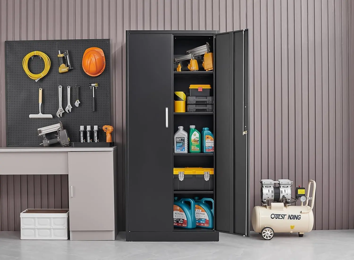 Metal Storage Cabinet With Adjustable Shelves Black Garage Cabinets With Doors And Shelves High Capacity File Racks For Home Office Tall Kitchen Pantry Locker Utility Storage Organizers view 2