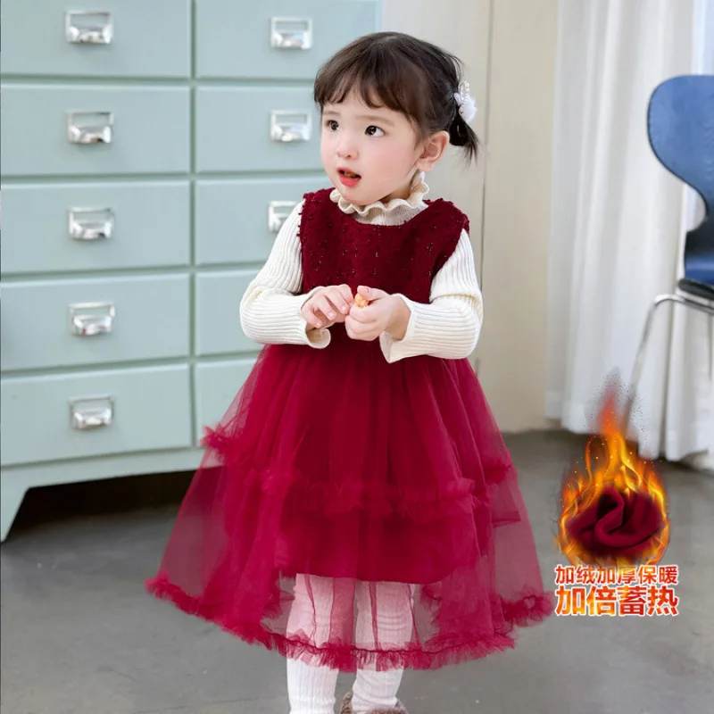 

Girls' Fleece-Lined Dress2025Autumn Winter New Fashionable New Year Outfit for Baby Girls Red Princess Dress Versatile