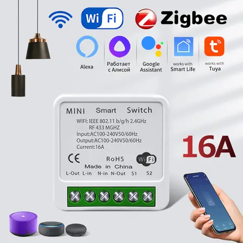 Tuya ZigBee 스마트 스위치 – WiFi 차단기 릴레이 16A, 220V/110V, 양방향 제어 및 앱 제어, Alexa 및 Google 홈 호환