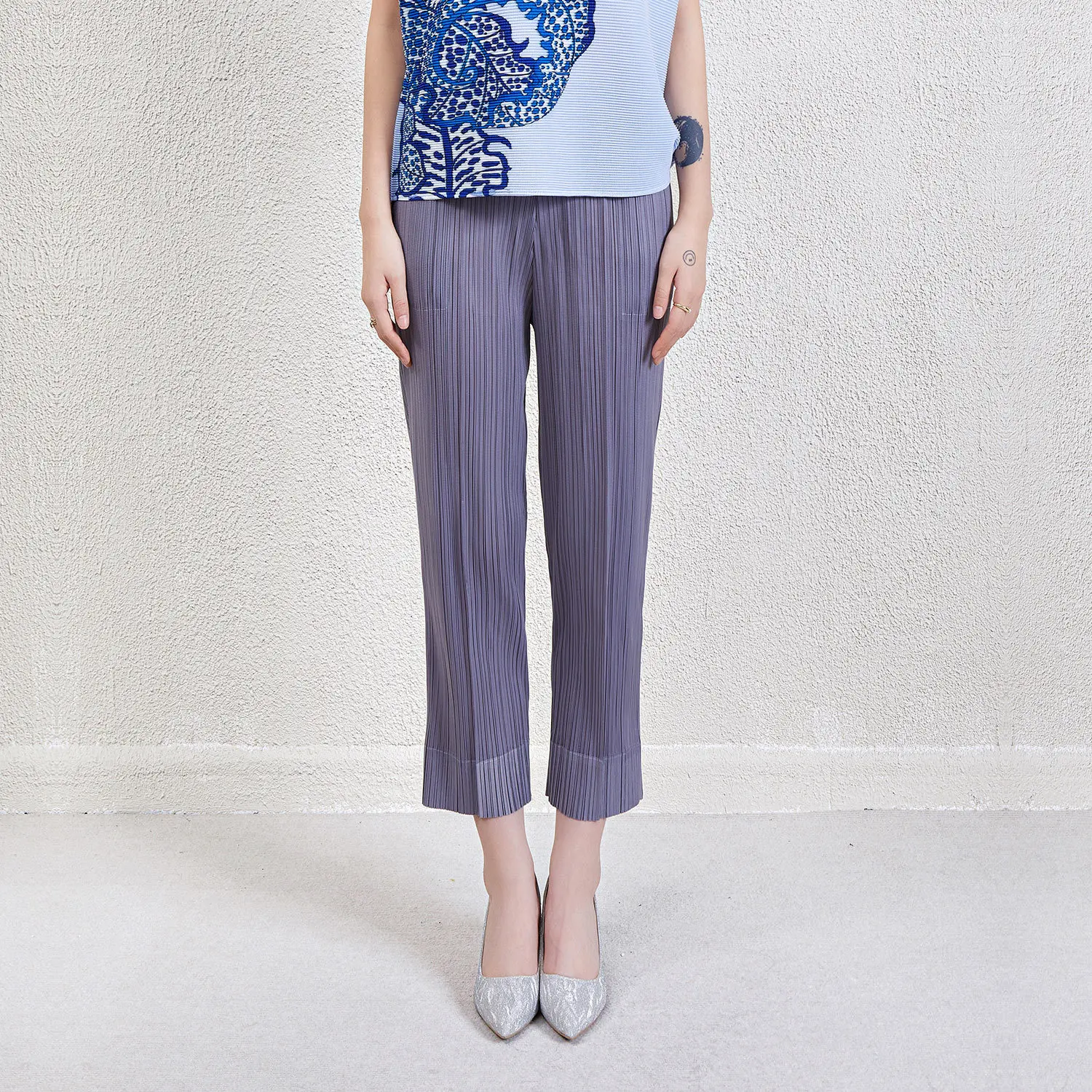

Straight Casual Trousers For Women 2024 Summer New High Waist Stretch Miyake Pleated Slim Fit Ankle Length Light Weight