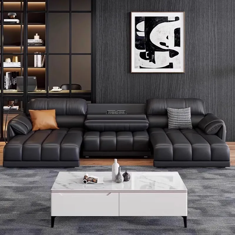 Electric function sofa bed Living room first layer cowhide size apartment sofa Italian style