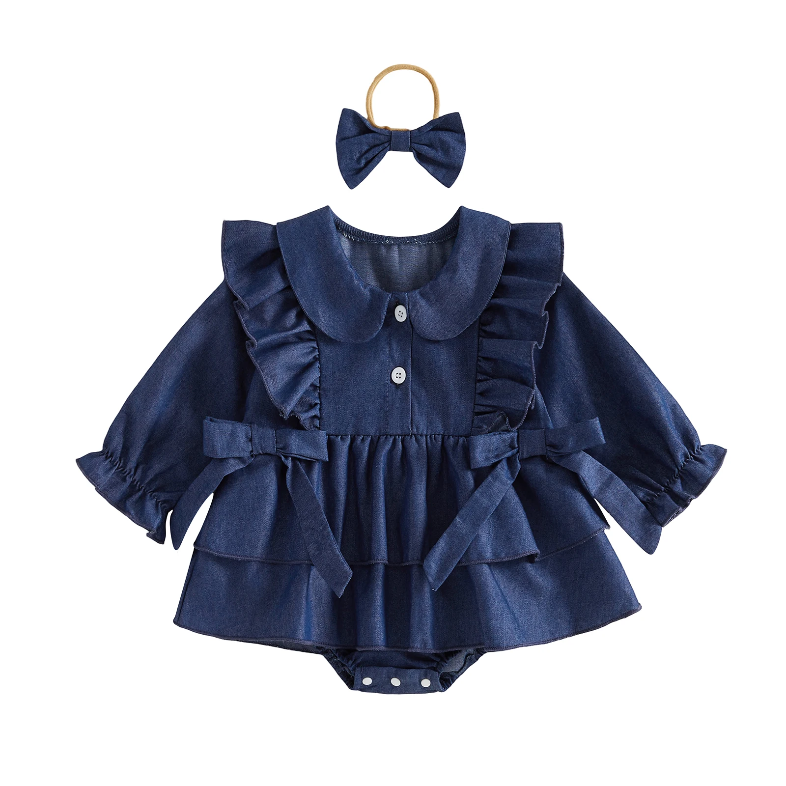 Infant Girl Outfit Puff Long Sleeve Denim Romper Dress and Bow Headband Set