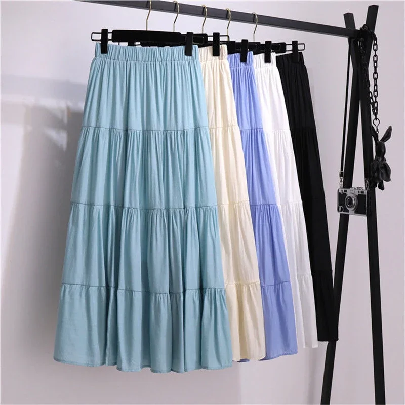 

TFETTERS Woman Skirts Summer Cotton Linen High Waist Skirt 2024 New Korean Casual Solid Color Stitching Medieval Skirt for Women