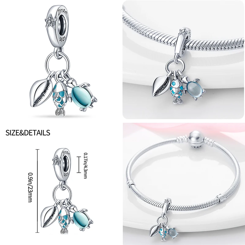 Perles de charme de la série Ocean, argent regardé 100%, tortue et crabe, adaptées au bracelet Pandora original, bijoux de bricolage, 925 authentiques