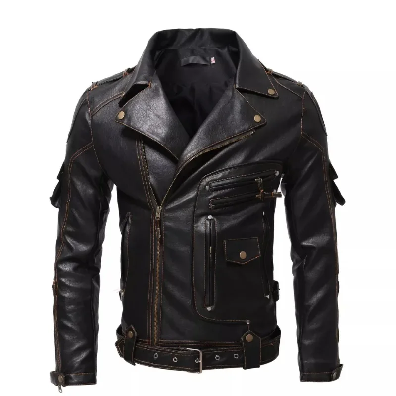 

New Men's Autumn and Winter New Personalized Leather Jacket Slim Fit Multi Pocket Zipper Jackets Men Clothing