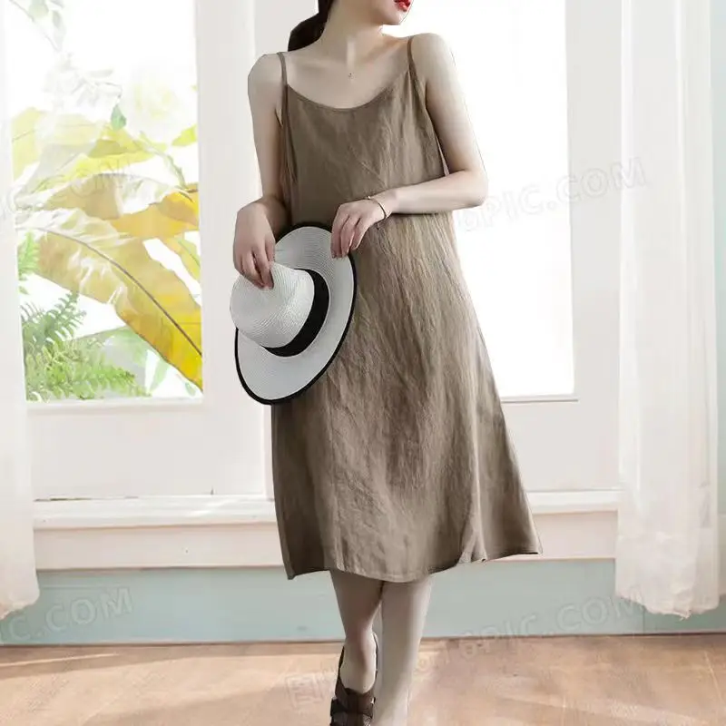 Women Casual Loose Strap Dress Retro Elegant Soft Cotton Linen Dress Sleeveless A-Line Straight Beach Holiday Dress Summer Thin