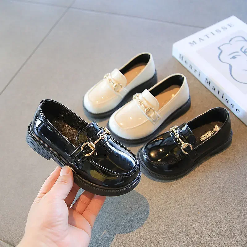 Girl Fashion British Style Flats Shoes Children Casual Leather Shoe Kid Comfortable Chain Soft Sole Party Wedding Princess Shoes