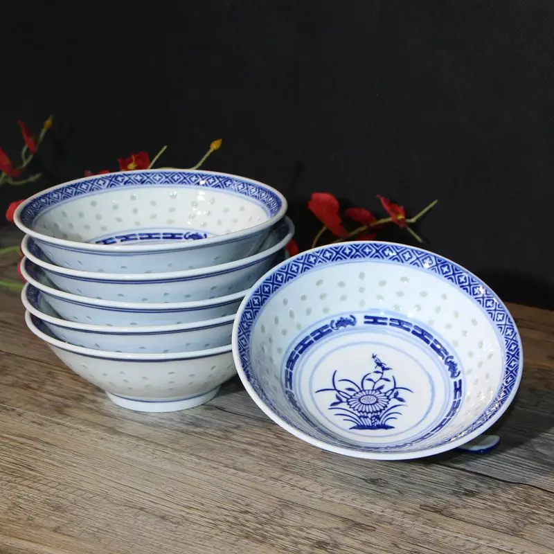 6 Inch Chinese Blue and White Porcelain Ramen Bowl Jingdezhen Ceramic Rice Bowls Vintage Noodle Bowl Tableware Fruit Salad Bowls