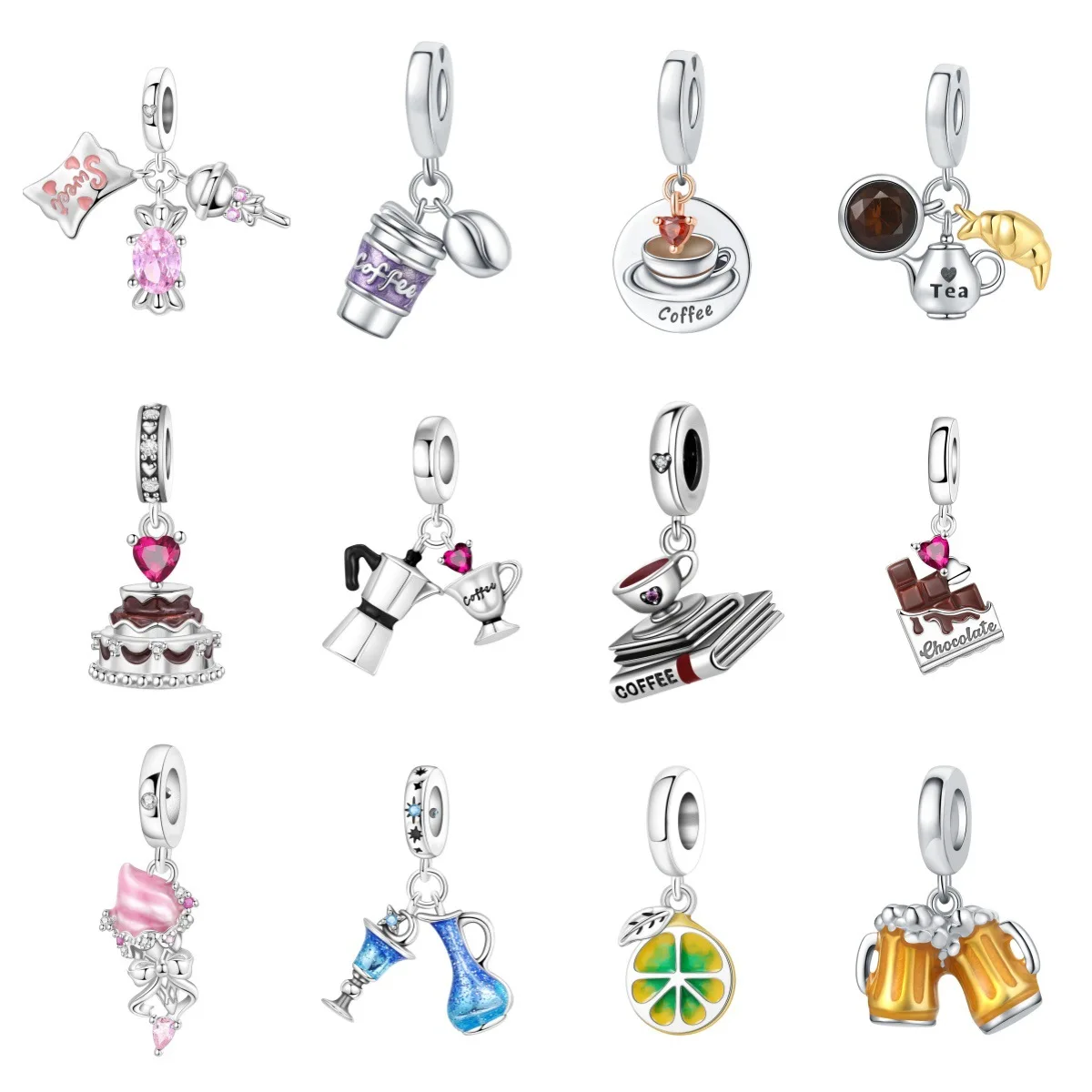 Coffee Tea Cake Chocolate Dangle Original Charms Silver Plated Beads Fit Bracelets Bag Keychain Charms Diy Women Gift Accessory