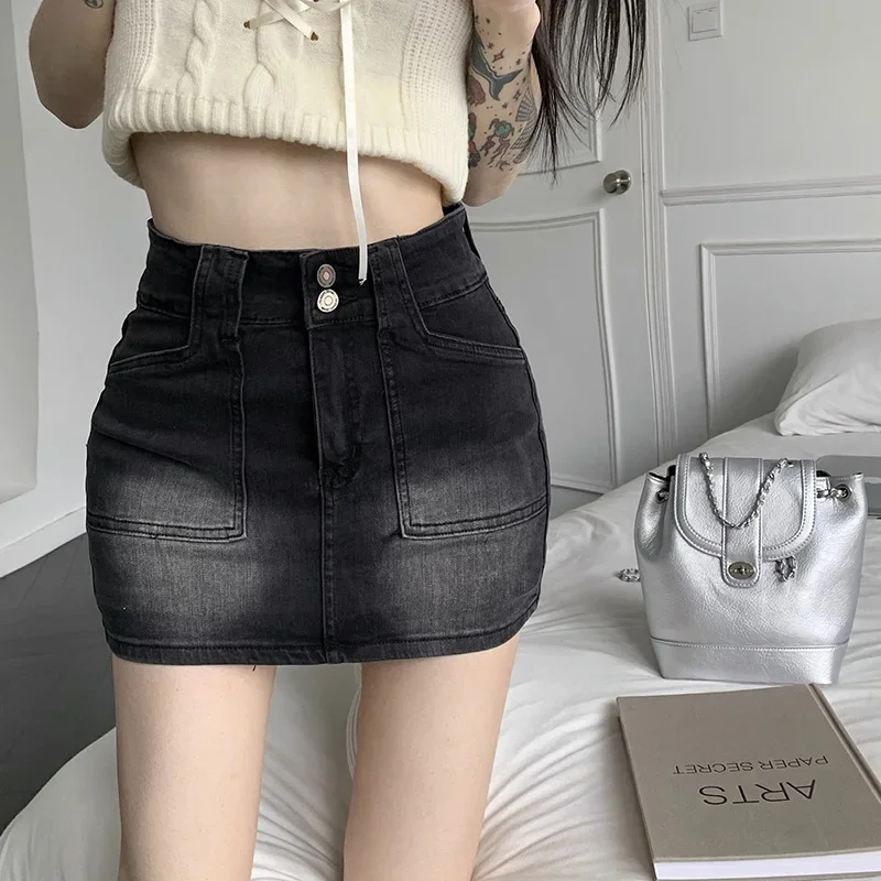 2024 Women Vintage High Waist Streetwear Skirts Jeans Girls Sexy Party Summer Denim Mini Dress Female Blue Black Straight Skirts