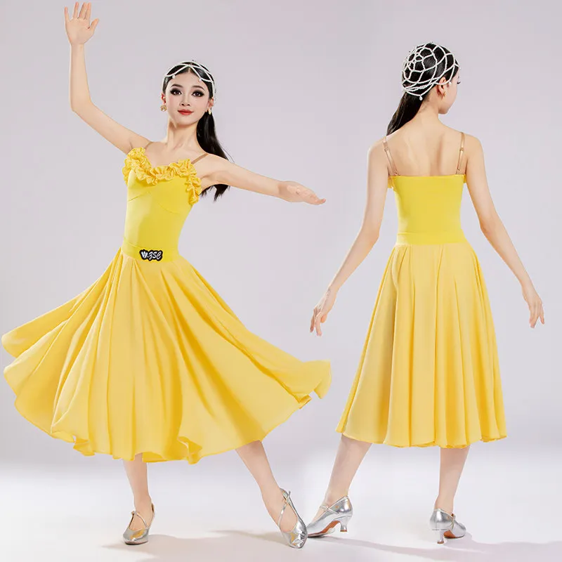 

Children Waltz Modern Dance Performance Costumes For Girls Ballroom Dance Competition Strap Top Big Swing Split Dress DN23451